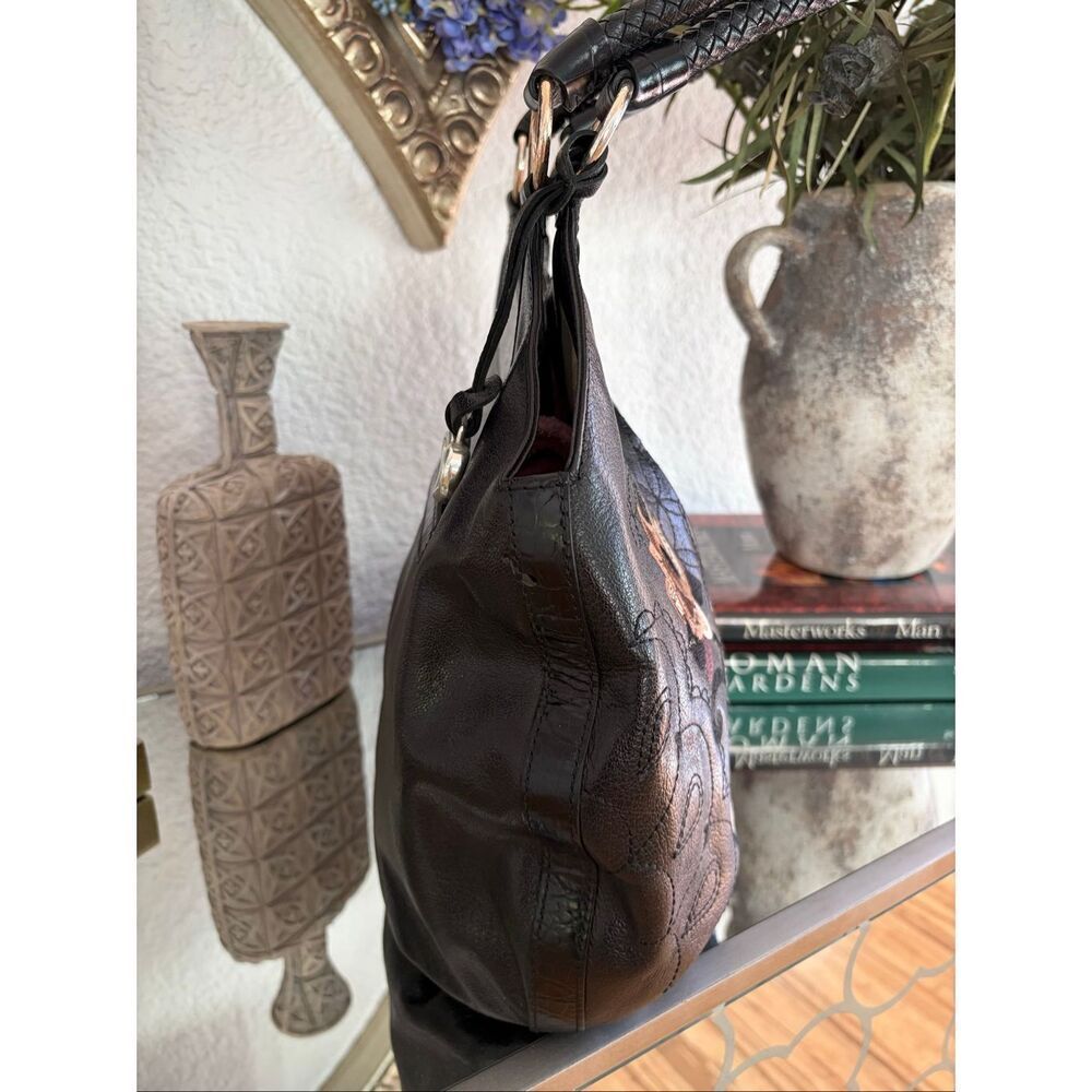 Brighton Valencia Black Leather Floral Embroidered Hobo Bag NWOT Heart Charm - Picture 9 of 12